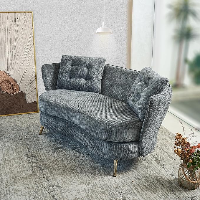 64“Modern Velvet Loveseat CouchFuton Small Sofa with Gold Metal Legs 2-Seater Upholstered Mini Sofa Couches for Small SpaceLiving Room Bedroom Office Dorm Studio Apartment Love Seat Couche (Grey-)