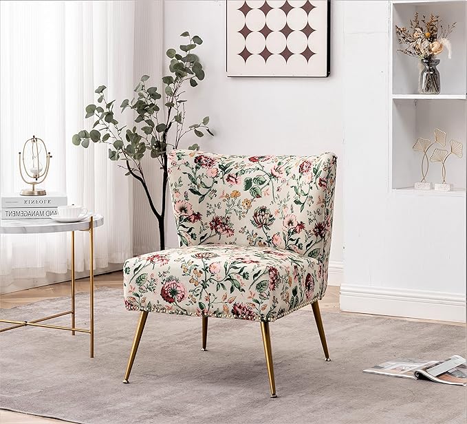 Thia Armless Accent Chair for Living Room Elegant Seat with Nailhead Trim Gold Metal Legs and Comfortable Curved Back 28 D x 25 W x 29.5 H 03 Floral Print