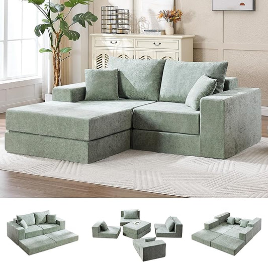 79 Boneless Loveseat Sofa Couch Modular Foldable Floor Cloud Sofa with Ottoman Lounge Convertible Sofa Bed for Living Room No Assembly Chenille Green
