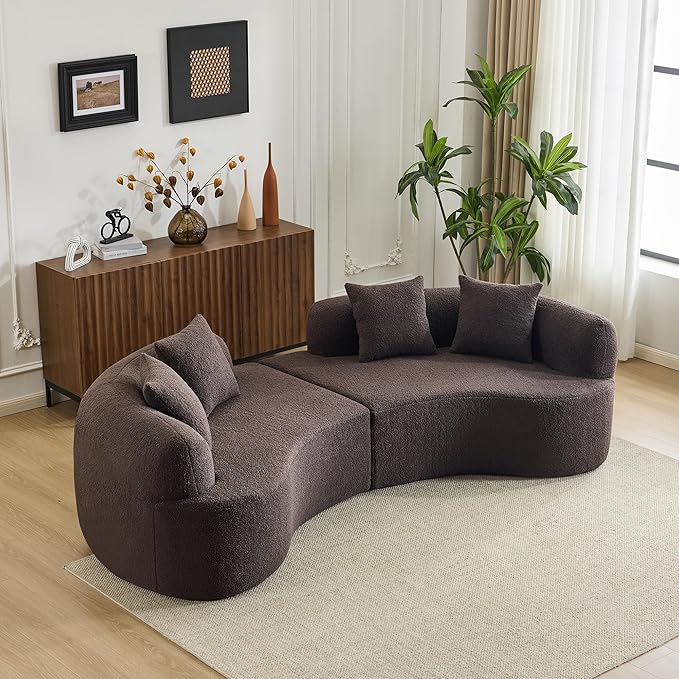 106.7'' Modern Curved Sectional Sofa Luxury Teddy Velvet Upholstered Couch Comfy Cloud Compressed Sofa with 4 Pillows for Living Room Apartment No Assembly Needed Brown
