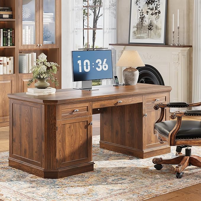 59 Classic Executive Desk with Storage Victorian Executive Desk with Charging Station Keyboard Tray 3 Drawers &amp 2 Cabinet Storage &amp 2 Pedestals Easy Assembly Dark Walnut