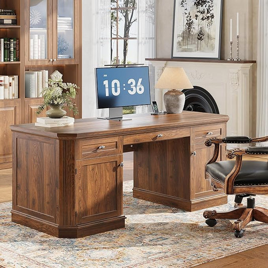 59 Classic Executive Desk with Storage Victorian Executive Desk with Charging Station Keyboard Tray 3 Drawers &amp 2 Cabinet Storage &amp 2 Pedestals Easy Assembly Dark Walnut