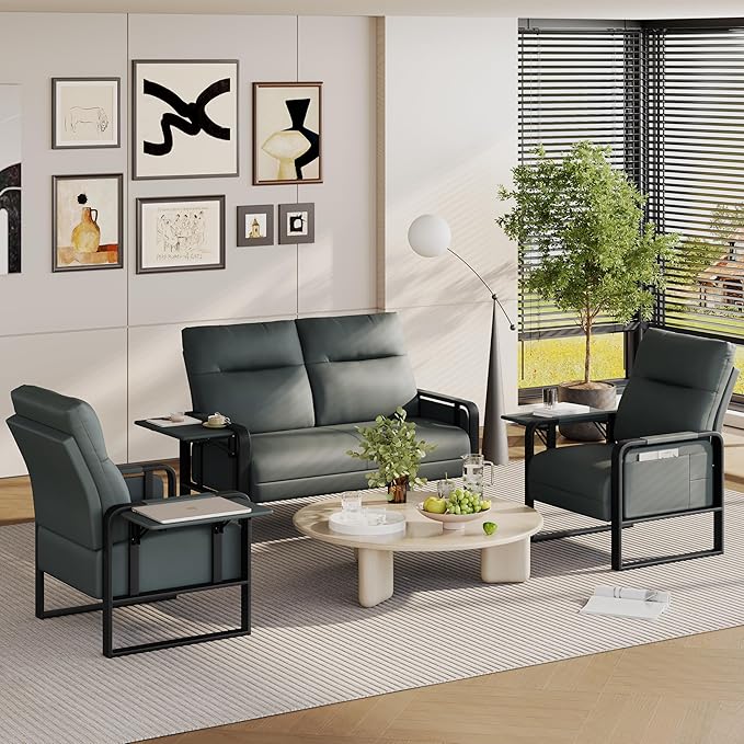 Upholstered Living Room Chair Armchair SetMid Century Faux Leather Accent Chair Loveseat Furniture SetReception Couch Slipper Club Lounge Chair Sofa with Sidetable-Dark Grey(1 Loveseat and 1 Chair)