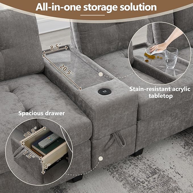 104'' Modular Sectional Sofa with 2 Tech Consoles Oversized U Shaped Couch Set with USB Charger Storage Movable Ottoman Chenille Large Sectional Couches for Living Room (Grey)