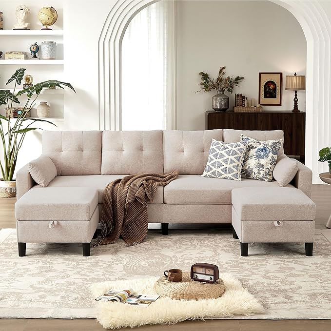 101 Convertible Sectional Sofa U-Shape Sofa Couch 4-Seat Couch with Storage Ottoman Comfy Linen Fabric Sectional Couches with Side Pocket for Living Room Apartment Office Beige