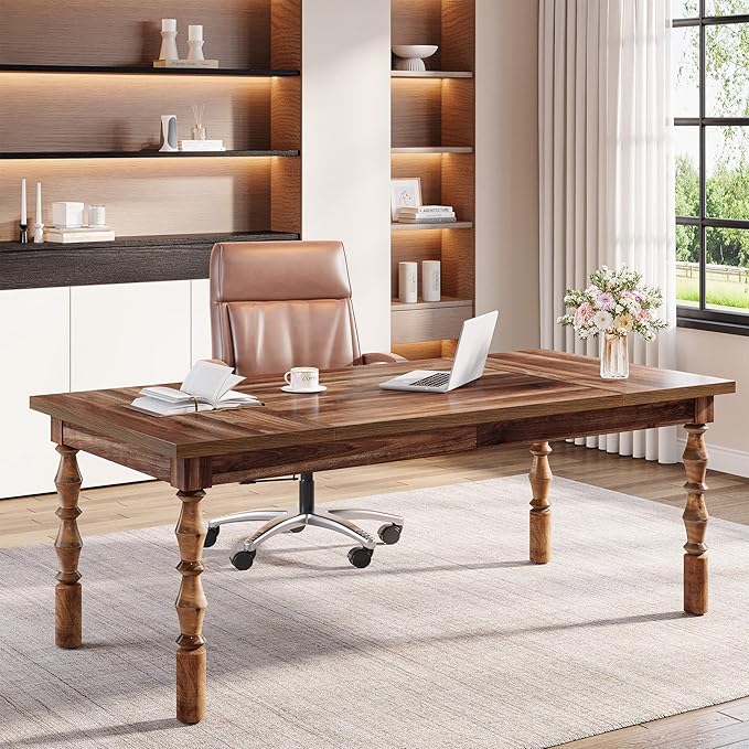 Tribesigns Large Executive Office Desk 62.2-Inch Farmhouse Modern Computer Desk Mid Century Study Writing Table Workstations Business Office Furniture with Carved Turned Legs (Walnut)