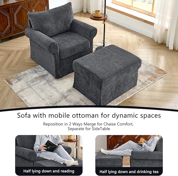 35.82 Accent Chair with Ottoman SetUpholstered Living Room Chairs for Reading Chair with Chaise Lounge Chairs Indoor Comfortable Armchair for Bedroom (Gray 35.82)