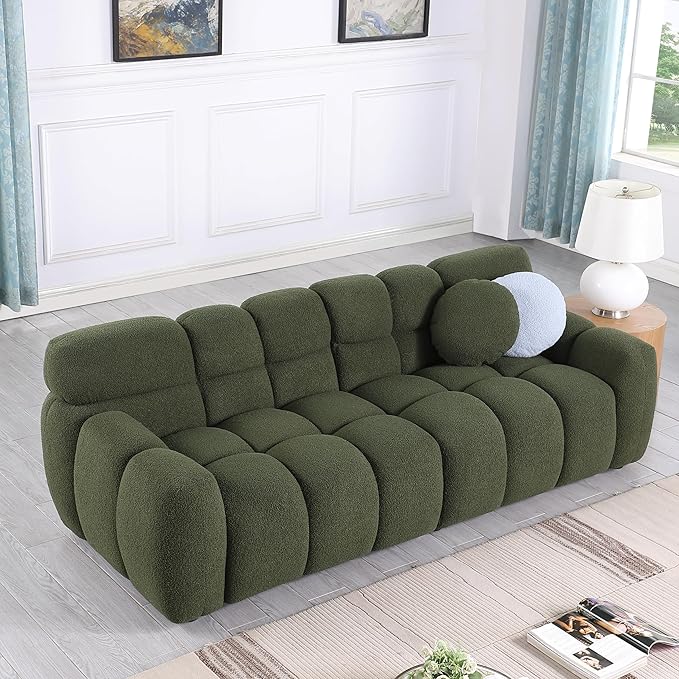 86.5 Green Boucle Cloud Sofa Couch Modern Tufted 3 Seater Sectional Sofa Set for Living Room Comfy Upholstered Couch Bed with 2 Accent Pillows for Bedroom Apartment Office