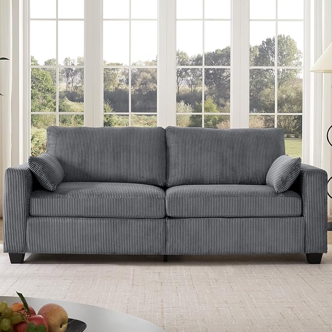 Modern Loveseat Sofa for Living Room Removable Cover Spring Cushions Solid Wood Frame Wide Armrest Corduroy Fabric Recliner Couches for Small Space (Gray Corduroy 81 inch)
