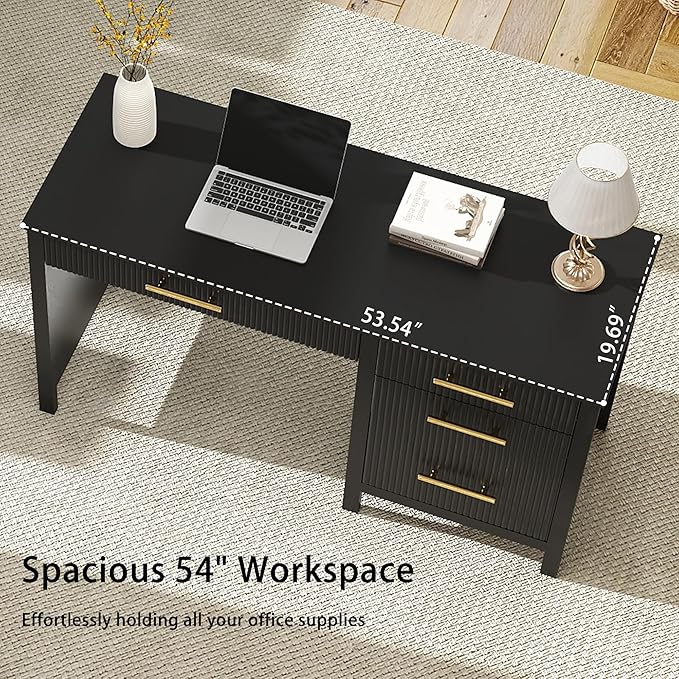 Black Computer Desk with Storage: 54 Wooden Executive Office Desk with 4 Drawers Home Office Desks with File Drawers Fluted Writing Desks for Study Living Room