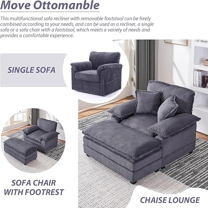 TTK Oversized Chaise Lounge Chair with Ottoman - 39.17 Wide Modern Sleeper Sofa for Living Room Bedroom &amp Office - Deep Seat Sectional Couch with Pillow Comfortable Reading ChairGray