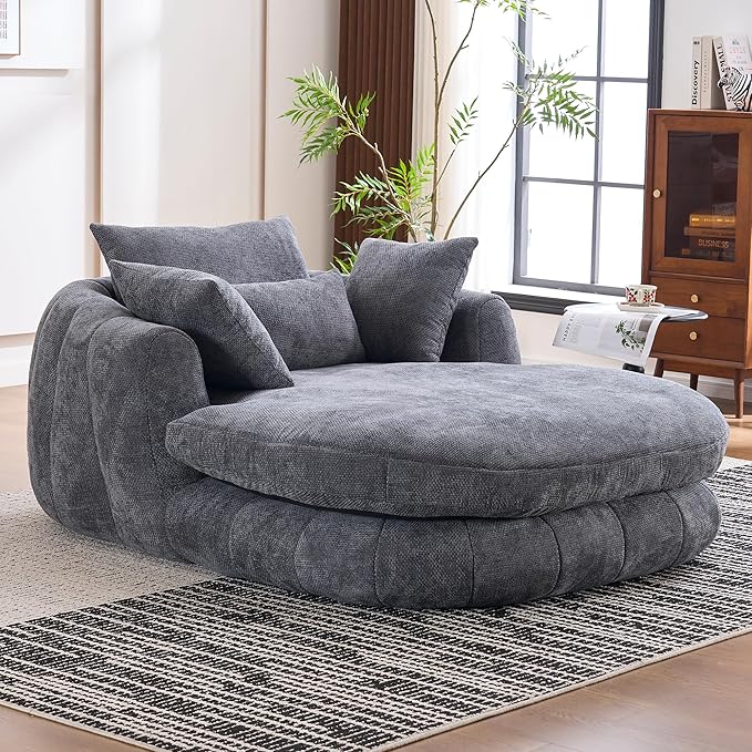 Oversized Chaise Lounge Indoor Deep Seat Boneless Sofa Bed with Throw Pillows Plush Chenille Fabric No Assembly Required Comfy Sleeper Sofa for Living Room Bedroom (Grey with Pocket)