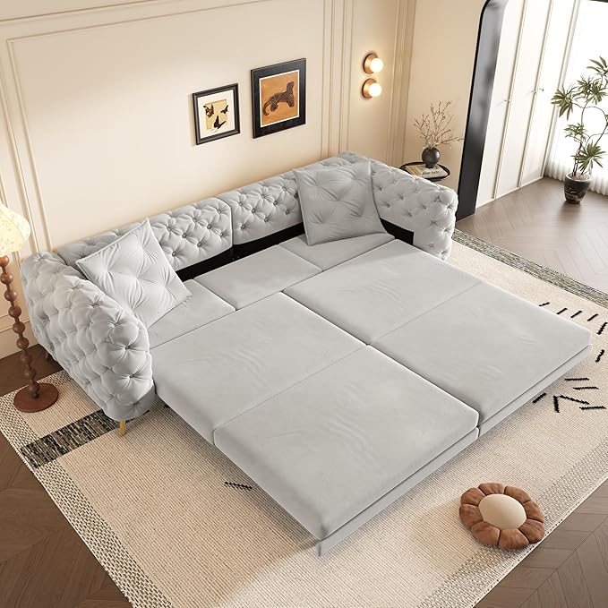 97.7'' Velvet Pull Out Sofa Bed King with Ottoman 3-in-1 Convertible Sleeper Sofa Couch Modern Tufted Deep Seat Couch with Pillows Comfy Couches for Living Room Light Grey