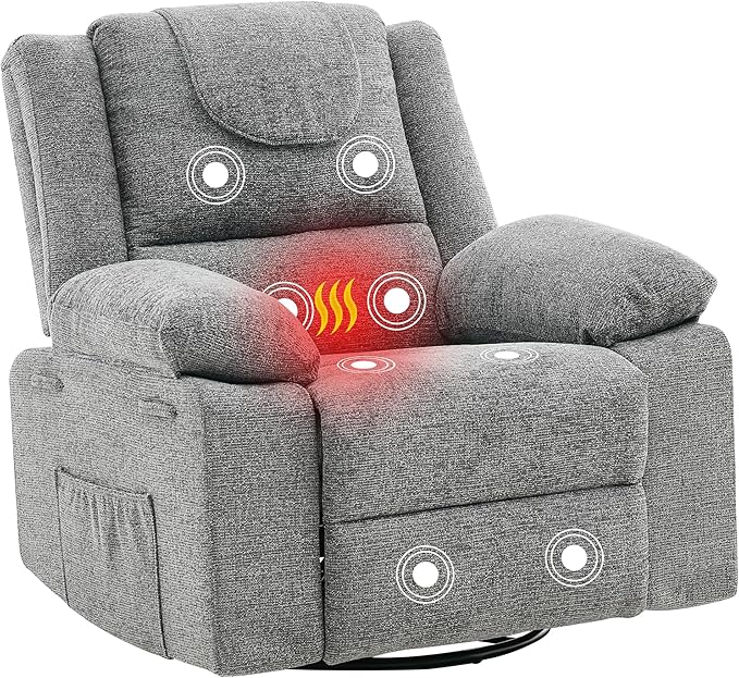 Oversized Swivel Rocking Recliner Chair for Adults 360° Swivel Glider Nursery Chair with Vibration Massage &amp Heat Comfortable Single Sofa for Living Room Bedroom Gray