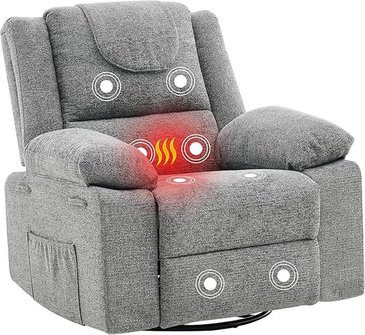Oversized Swivel Rocking Recliner Chair for Adults 360° Swivel Glider Nursery Chair with Vibration Massage &amp Heat Comfortable Single Sofa for Living Room Bedroom Gray