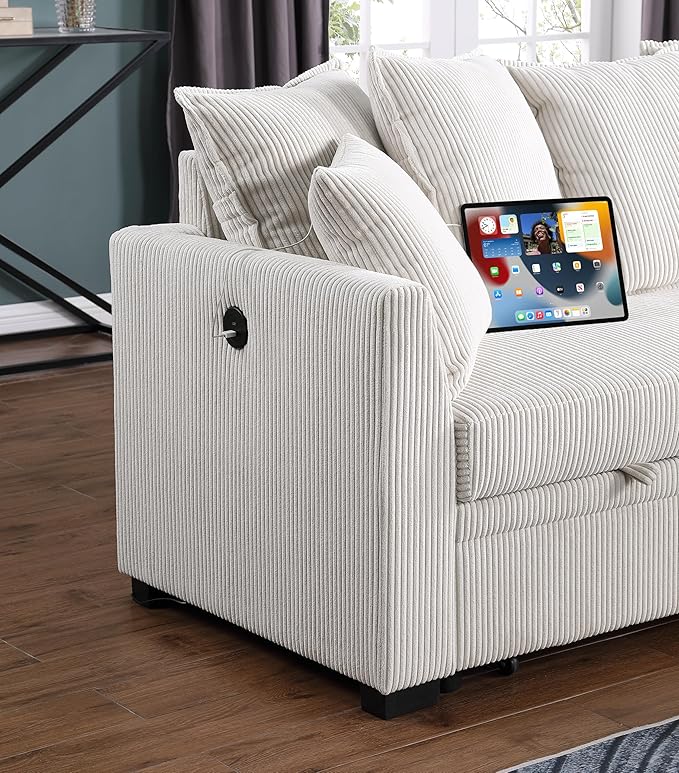 Modern Living Room Corner Convertible Sofabed Corduroy Upholstered Reversible Sleeper Sectional Sofa with 7 Pillow and USB Ports L-Shaped Pull Out Sleep Couch Bed W/Reversible Storage Chaise Daybed