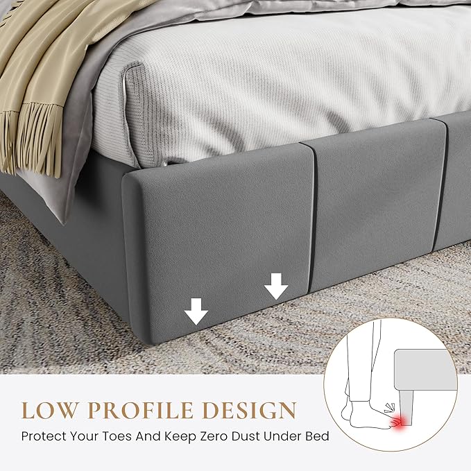 SHA CERLIN King Size Bed Frame Velvet Upholstered Platform Bed Vertical Channel Tufted Adjustable Headboard Low Profile Bed Frame No Box Spring Needed Easy Assembly Grey