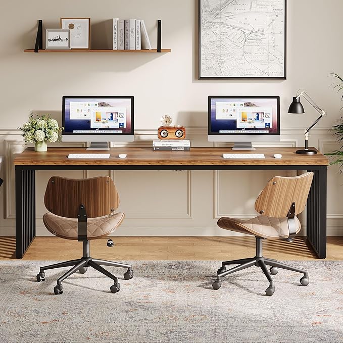 Tribesigns 2-Person Desk with Metal Frame 78.74 Double Desk for Two People Industrial Long Computer Writing Table for 2 People Home Office (Oak)