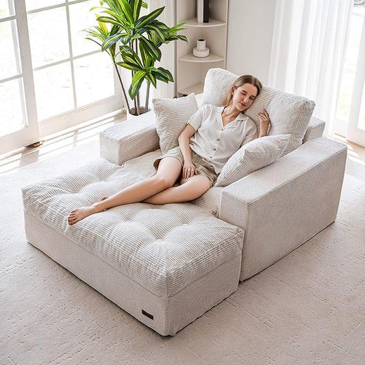 MAXYOYO Modular Sectional Chaise Lounge Sofa Upholstered Lounge Chair with Ottoman Comfy Couch with Layered Cushion Tufted Upholstered Sleeper Chair for Living Room No Assembly Beige