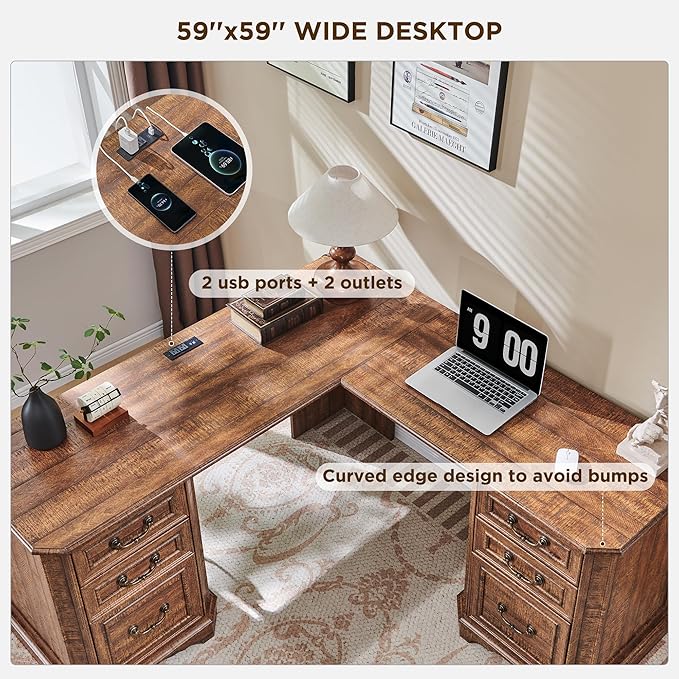 T4TREAM L Shaped Desk with Drawers59 Farmhouse Wood Home Office Executive DeskCharging StationFile Drawer Storage CabinetComputer Desk for Work and Study (Reclaimed Barnwood)