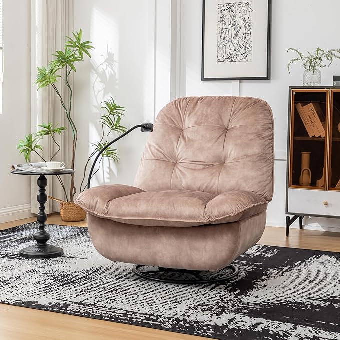 JOSHEN 41 Modern Velvet Reclining Lazy ChairLarge Reading ChairSwivel Gliding Rocking Chair with Mobile Phone Holder for Living RoomBedroomLight Brown
