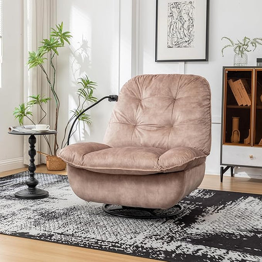 JOSHEN 41 Modern Velvet Reclining Lazy ChairLarge Reading ChairSwivel Gliding Rocking Chair with Mobile Phone Holder for Living RoomBedroomLight Brown