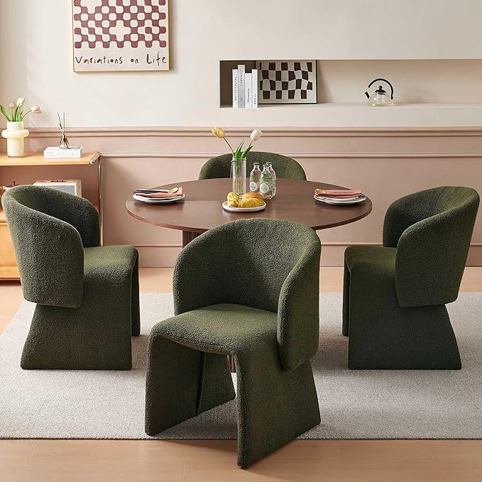 Modern Barrel Kitchen Chairs Set of 4 Upholstered Accent Chair Living Room Chair for Kitchen Waiting Room Bedroom Office Dining Room Green Teddy Velvet