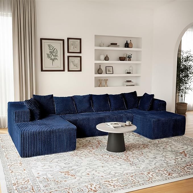 Cloud U-Shaped Sectional Couch130 Modular Boneless Couch for Living RoomModern 4 Seat Corduroy Sofa with ChaiseDeep SeatNo Assembly Required (Blue)