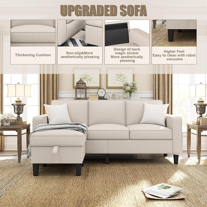 ZeeFu Couch for Living Room - 78'' Beige Linen 3 Seat L-Shaped Sectional Sofa Couches with Storage Ottoman - Modern Small Space Upholstered Furniture Sofa Set for Office Small Space Apartment