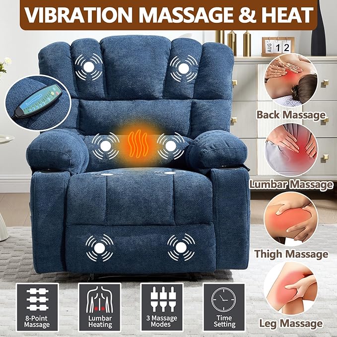 Massage Recliner Chair with Heat Blue Recliner Chair with Cup Holder for Adults Manual Reclining Chairs Large &amp Oversized Recliners for Living Room Fabric Heavy Duty (Blue)