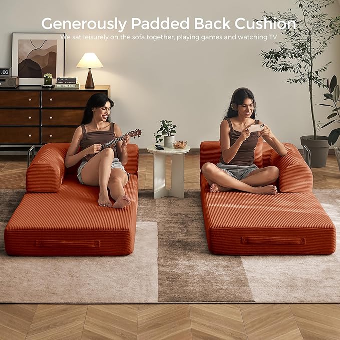 79 Convertible Sofa Bed with Fixed-Shape Frame &amp Removable Armrests Modular Corduroy Sleeper Sofa Folding Mattress Couch for Small Spaces - No Assembly Needed in Orange (Includes 2 Pillows)