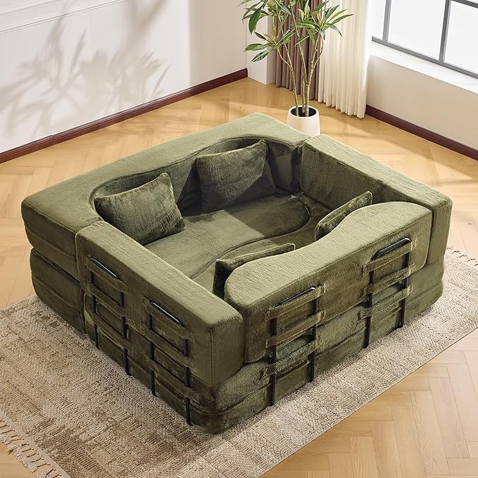 2-in-1 4 Seat Folding Sofa Bed with Pillow No Assembly Futon Twin Size Sofa Bed Breathable Velvet Convertible Couch Bed for Living Room and Guest Room 71.65 Inch Pink