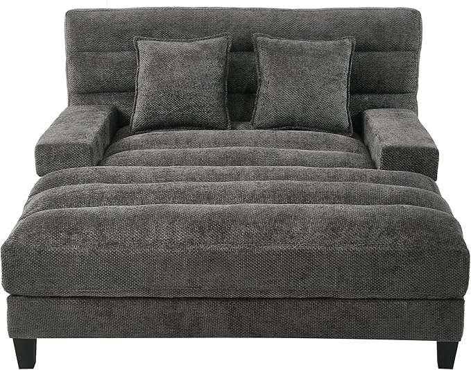 Modern Oversized Chenille Chaise Lounge Chair 57.1 Sofa Bed with Adjustable Backrest and LED Light Strip for Living Room Office (Grey/57.1)