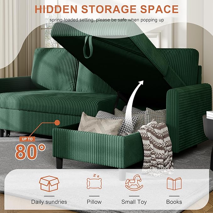 Sofa Bed Sleeper Pull Out 2 in 1 Sectional Sleeper Sofa Couches with Storage Pullout Sectional Couches for Apartment Living RoomGreen