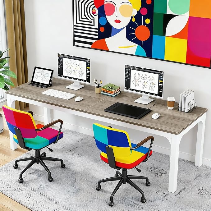 78 Inch Long Computer Desk 2 Person Executive Office Desk Extra Large Double Workstation Simple Study Student Writing Table for Home Office (Taupe+White)