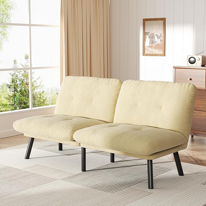 Futon Sofa Sleeper Couch Bed with Adjustable Backrest Thick Cushion Velvet Fabric for Department Living Room Lounge Sofa Loveseat (Beige)