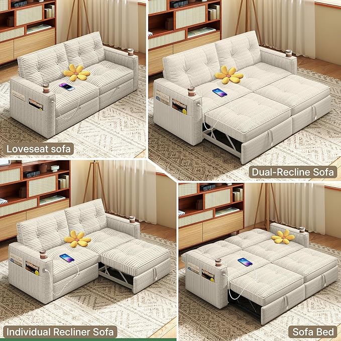 Rovibek 73.2 Convertible Sofa Bed Pull Out Couch with USB Charging Port &amp Cup Holders Adjustable Backrest Side Pockets Modern Corduroy Sleeper Sofa for Living Room Bedroom Apartment Beige