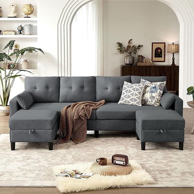 Convertible Sectional Sofa Modern U Shaped 4 Seat Couch with Storage Ottoman Comfy Sectional Couches for Living Room Apartment Dark Grey