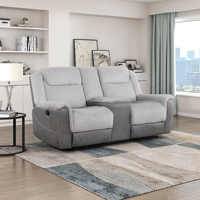 Lexicon Manual Reclining Loveseat for Living Room Chenille Double Recliner Loveseat Center Storage Console/Home Theater Seating/Wall Hugger/Padded Headrest Required Assembly Two-Tone Gray