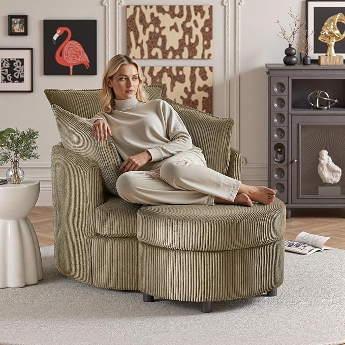 Swivel Accent Chair Round Barrel Armchair Upholstered Living Room Chair Corduroy Reading Chair Single Sofa Chair for Bedroom Apartment Office (Brown Upgrade 1Seater+ Ottoman)