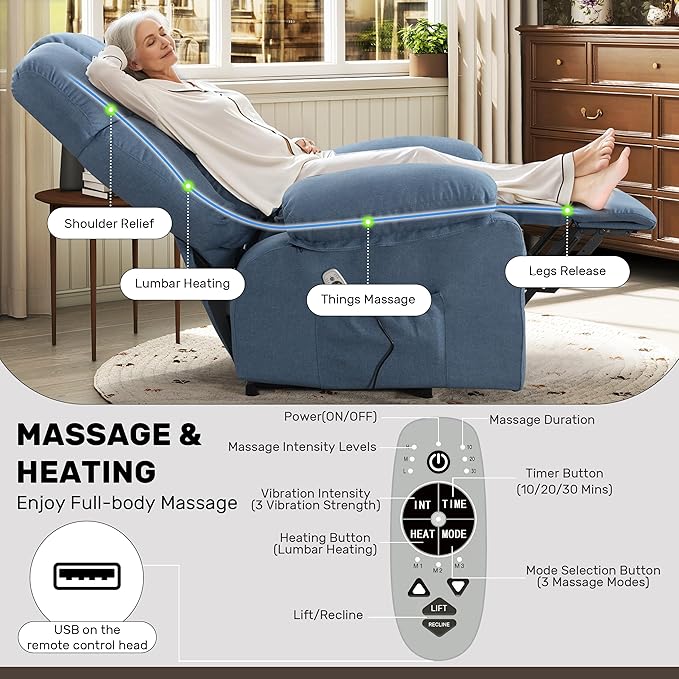 Power Lift Recliner Chair for Elderly Big and Tall Lift Chair with Massage and Heat for Living Room Fabric Electric Recliner Chairs with 4 Side Pockets USB Charge PortBlue