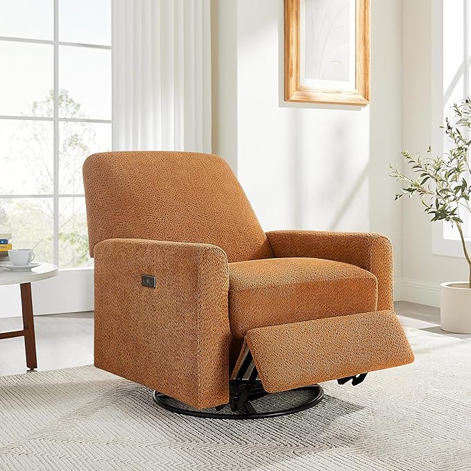 VANOMi Power Swivel Glider Recliner Chair Electric Nursery Rocker Recliner Chair USB &amp Type-C Charger Boucle Curry