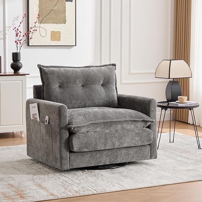 360° Swivel Accent Chair36.22” Swivel ArmchairSquare Accent Barrel Chair with Side Pockets - Upholstered Comfy Single Sofa Chair for Living Room Bedroom Reading Nook (Gray)