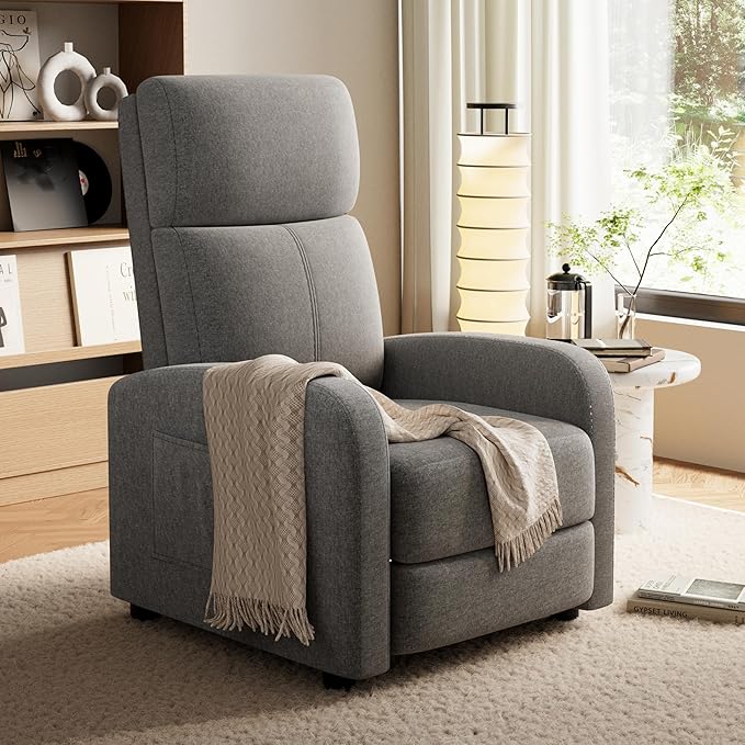 Premium Linen Manual Recliner Chair - High Backrest &amp Thick Cushion for Superior Comfort Adjustable Push Back Recliner with Side Pocket Gray Lounge Chair for Living Room &amp Bedroom