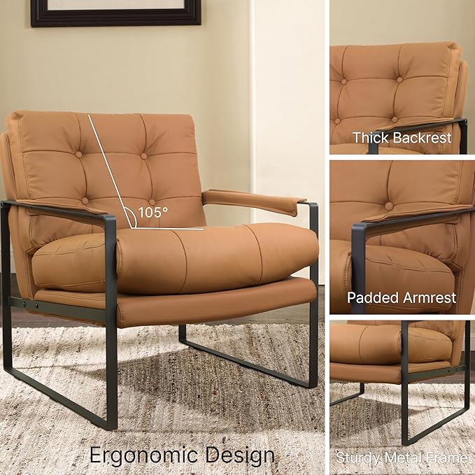 Zouron Leather Accent Chair Modern Reading Armchair Single Sofa Chair for Living Room Bedroom Reception Room Khaki Button Tufted