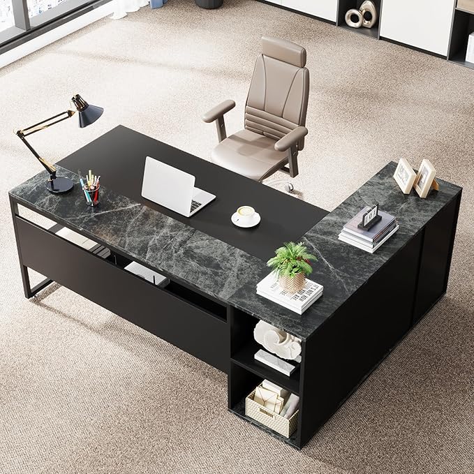Little Tree 71-inch Executive Desk with File Cabinet L-Shaped Computer Desk Office Desk with Drawers and Storage Shelves Business Furniture Desk Workstation for Home Office Balck