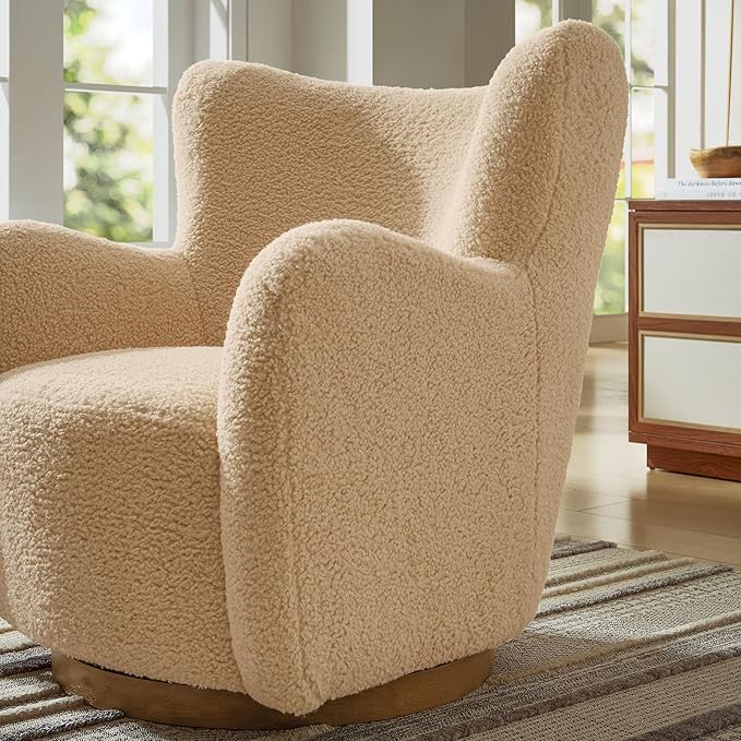 Modway Montrose Swivel Wingback Accent Chair in Ivory Walnut Sherpa Teddy Fabric – Modern Furry Barrel Chair with 360-Degree Swivel Base – Soft and Comfy Living Room Chair