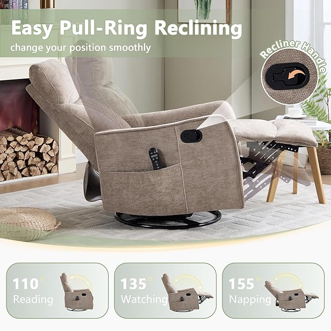 cinkehome Swivel Rocker Recliner Glider Rocker Recliner Chair for Nursery Manual Reclining Chair with Heated Massage Small Spaces Living Room Khaki Chenille