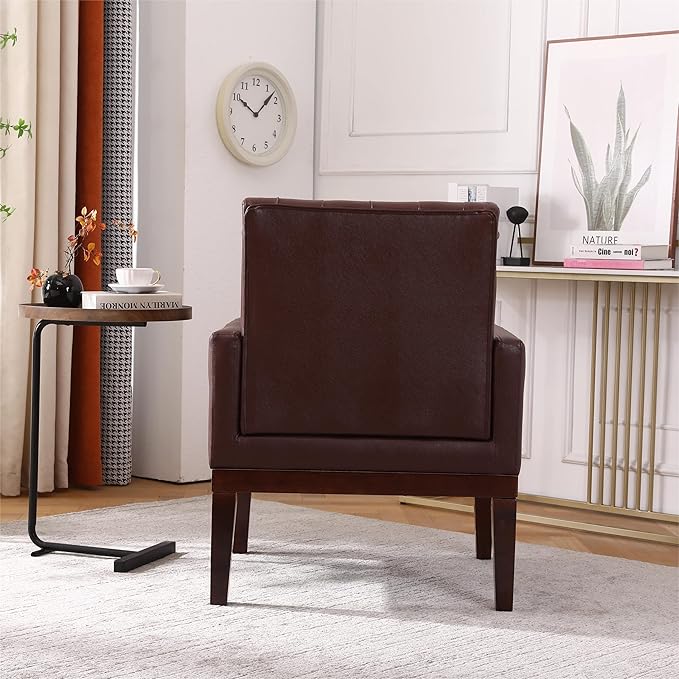 PU Leather Accent Chair Upholstered Lounge Sofa Armchair Comfortable Armchair with Wooden Legs in Log Color Modern Button Reading Chair for Bedroom Living Room Dark Brown