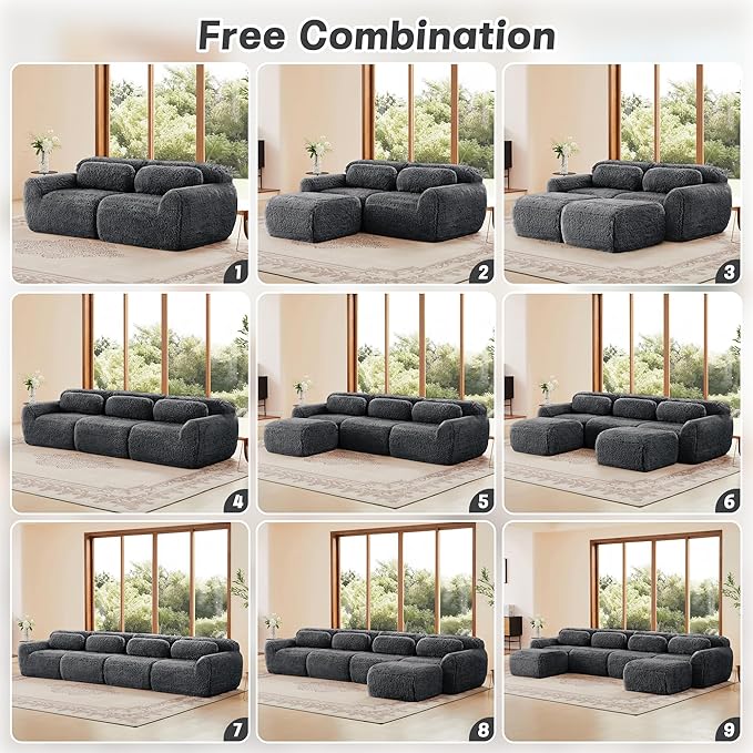114.7”Boneless Cloud Couches Soft Fluffy Plush Fabric Modular Sectional Sofa Bed with 3 Ottoman 3-Seater Dark Gray Couches Comfy Sofa for Living Room